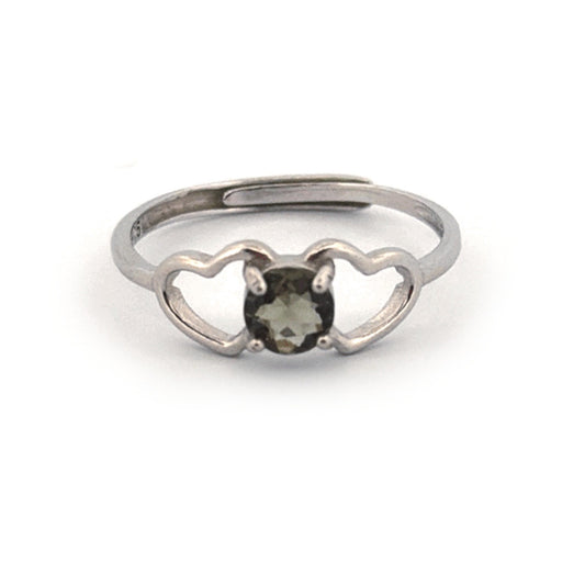 Moldavite adjustable S925 sterling silver ring with double heart shoulders on a white background