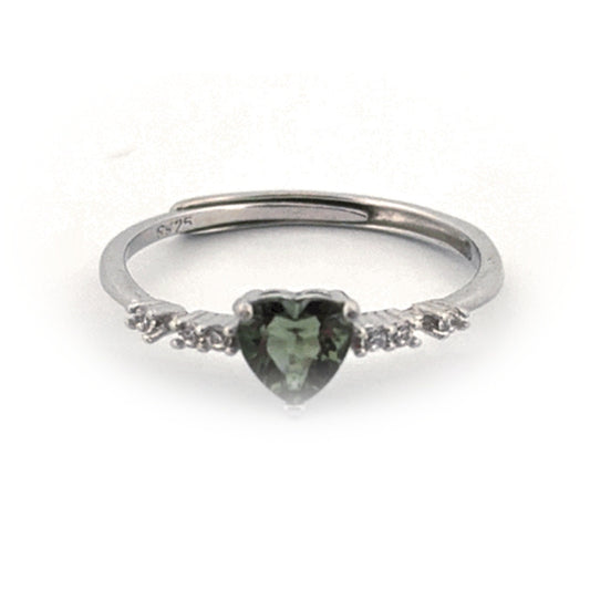 Heart-shaped Moldavite adjustable S925 sterling silver ring on white