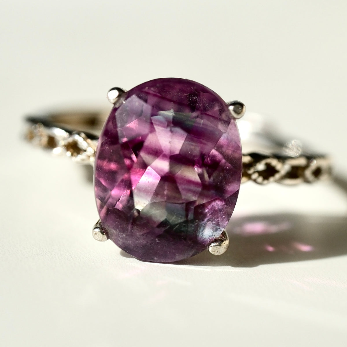 Banded purple and green Fluorite S925 adjustable ring, view 1