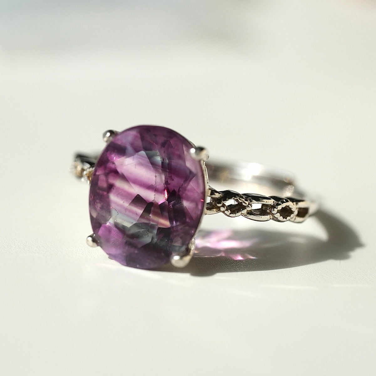 Banded purple and green Fluorite S925 adjustable ring, view 2
