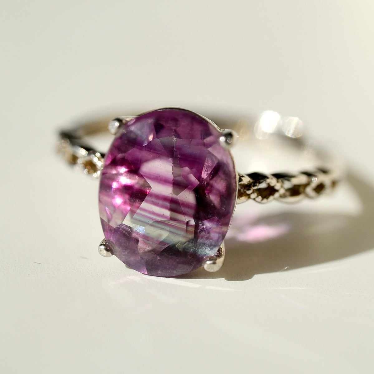 Banded purple and green Fluorite S925 adjustable ring, view 3