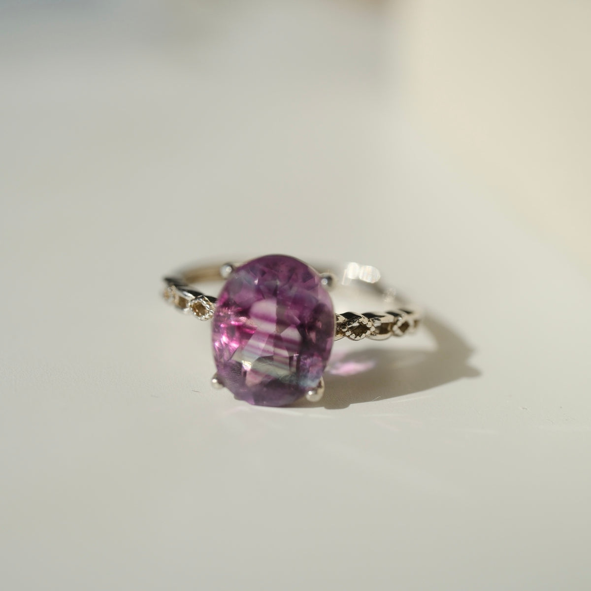 Banded purple and green Fluorite S925 adjustable ring, view 4