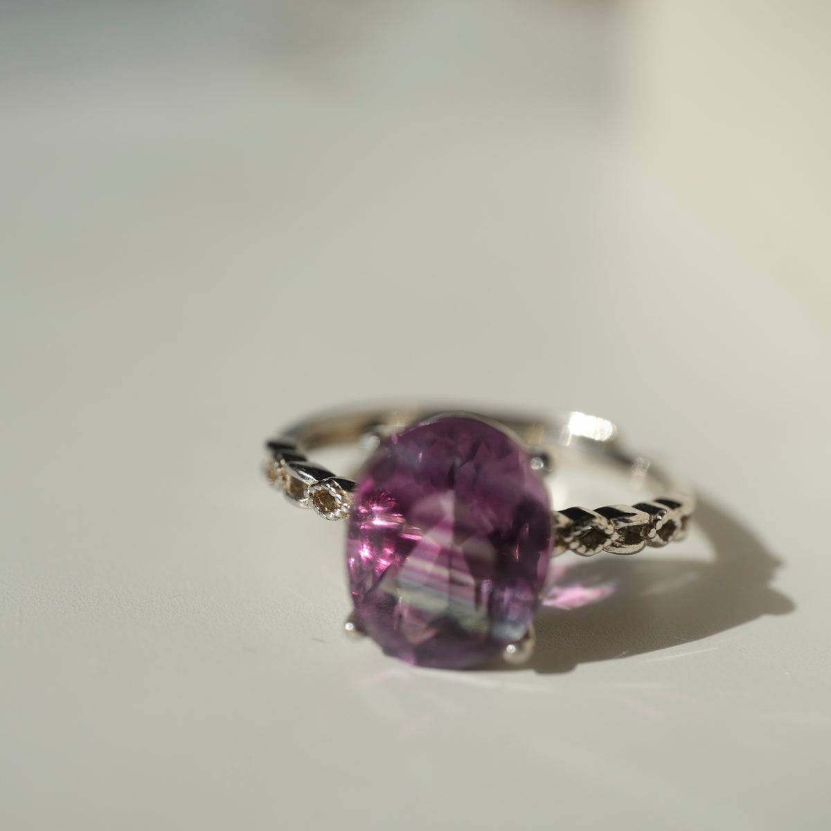 Banded purple and green Fluorite S925 adjustable ring, view 5