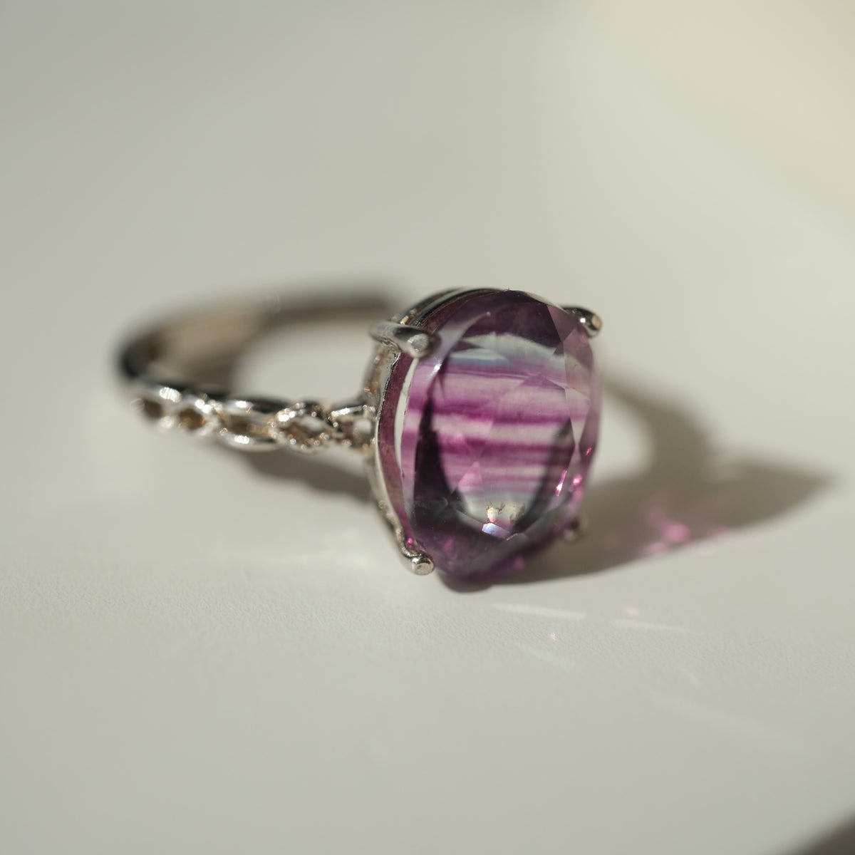 Banded purple and green Fluorite S925 adjustable ring, view 6