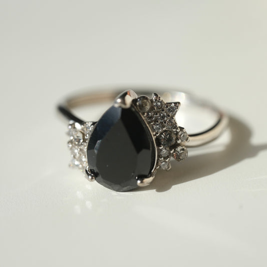 Black Spinel teardrop S925 adjustable ring with clear stone and star accents