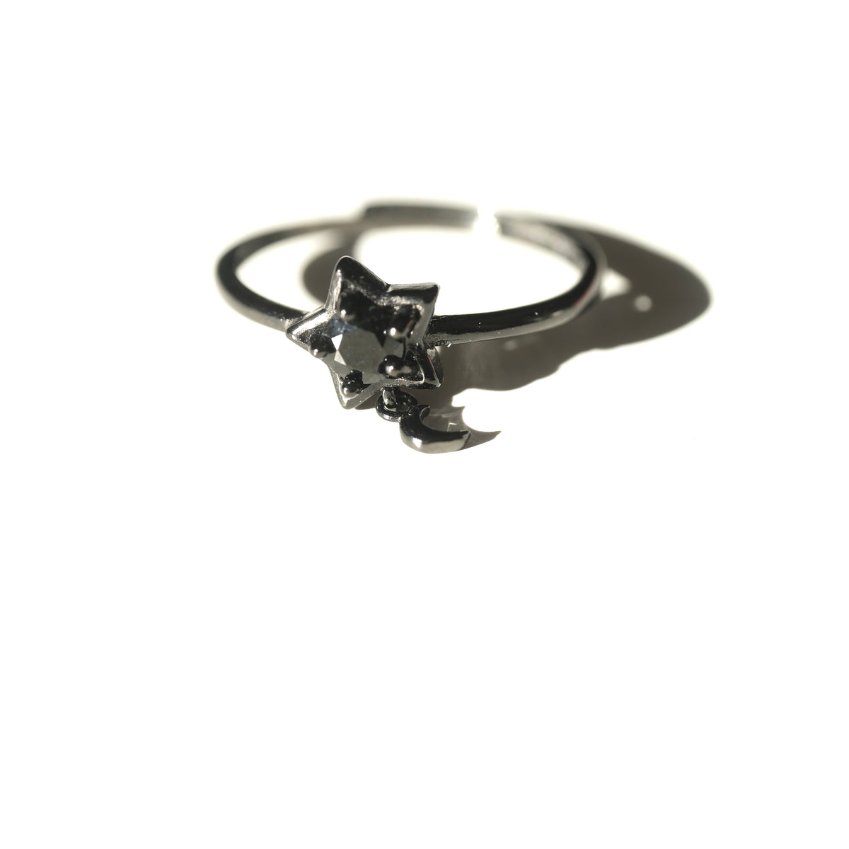 Black Spinel adjustable star and crescent moon Halloween ring