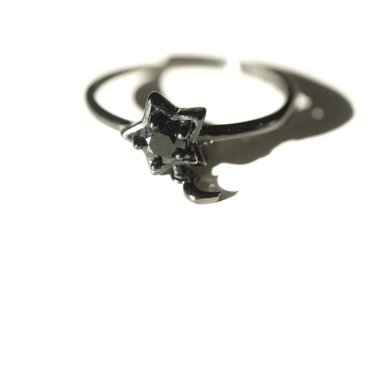 Black Spinel adjustable star and crescent moon Halloween ring