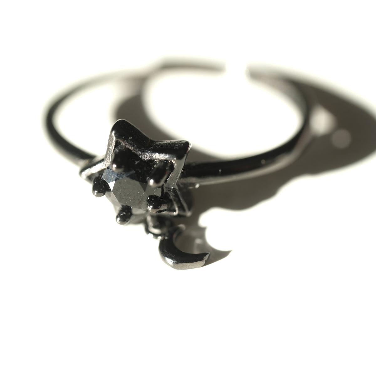 Black Spinel adjustable star and crescent moon Halloween ring
