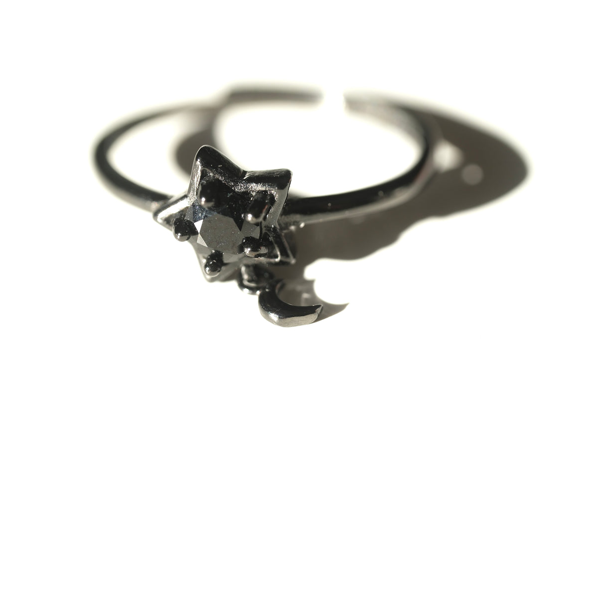 Black Spinel adjustable star and crescent moon Halloween ring