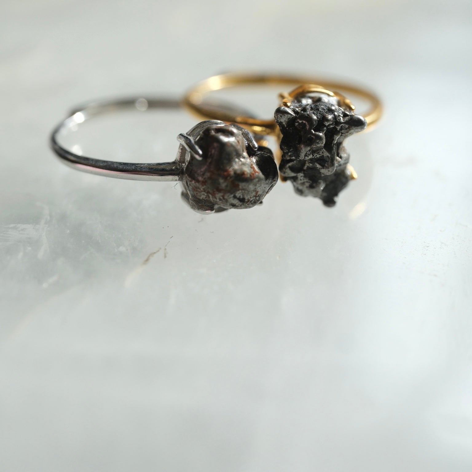 Close-up of raw Camille Meteorite set in an adjustable S925 ring