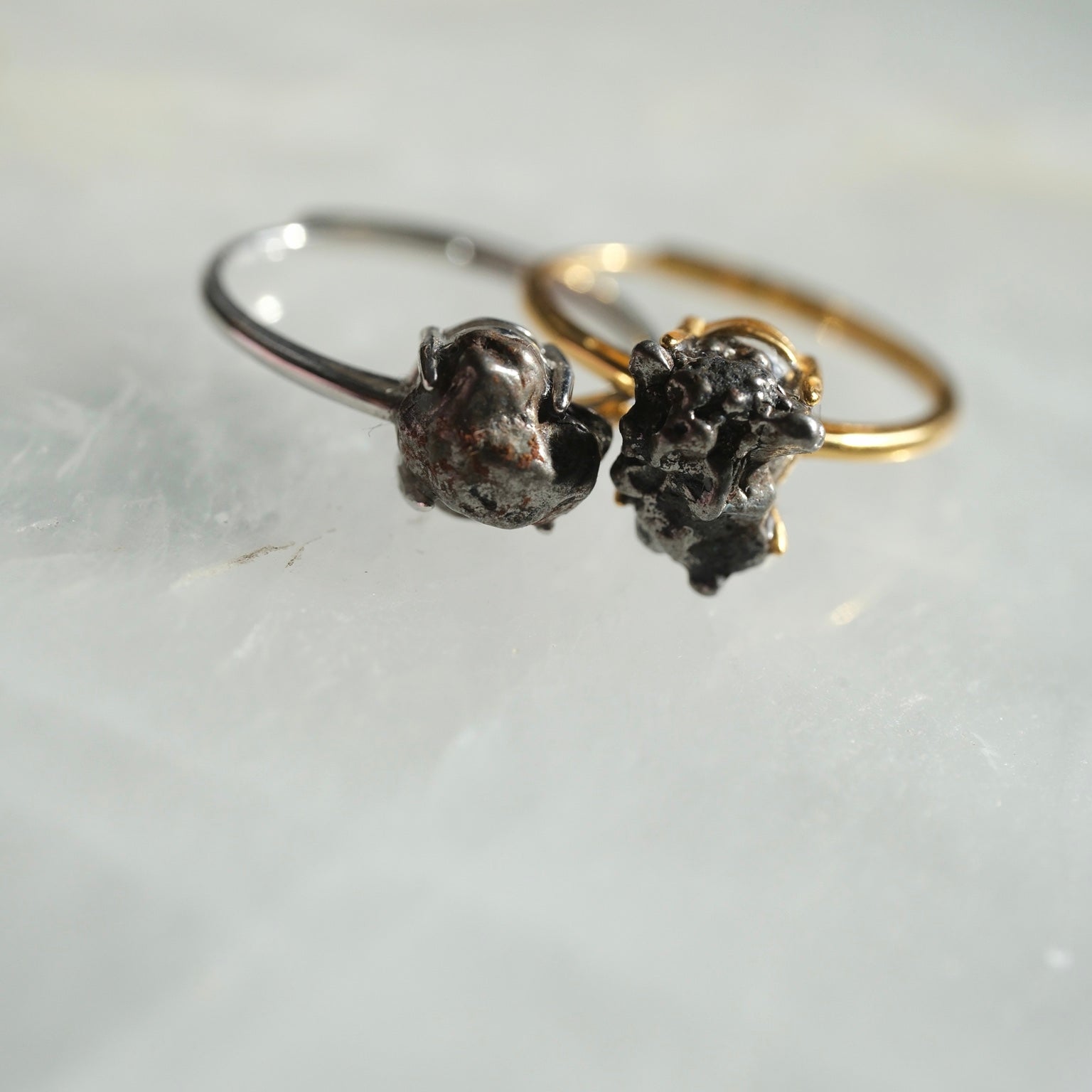 Close-up of raw Camille Meteorite set in an adjustable S925 ring