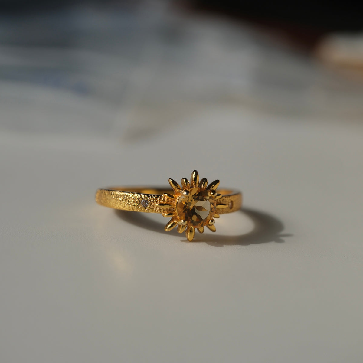 Citrine Sun S925 adjustable ring with a faceted golden centre stone, sunray setting and textured gold-coloured band