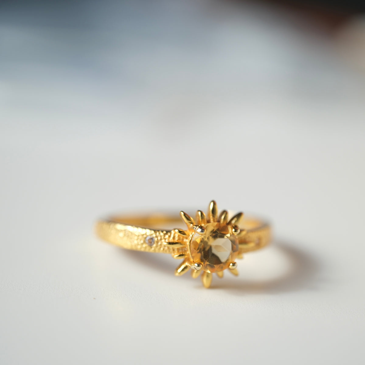 Citrine Sun S925 adjustable ring with a faceted golden centre stone, sunray setting and textured gold-coloured band