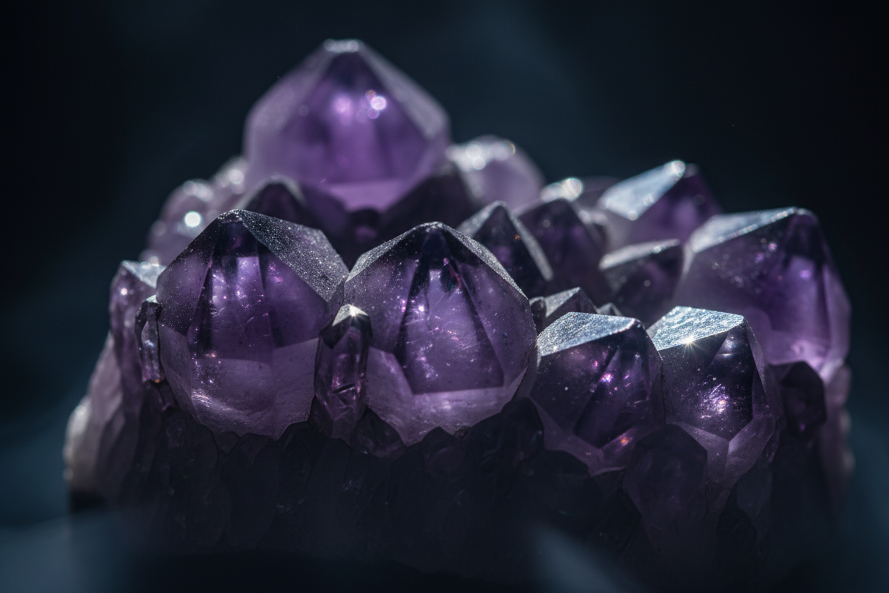 close up of crystals lit by a dim light and sparkling
