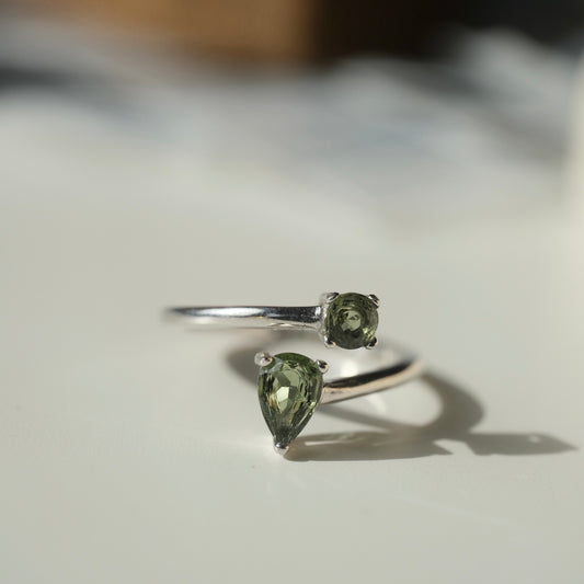 Double Moldavite adjustable ring with round and pear-shaped stones