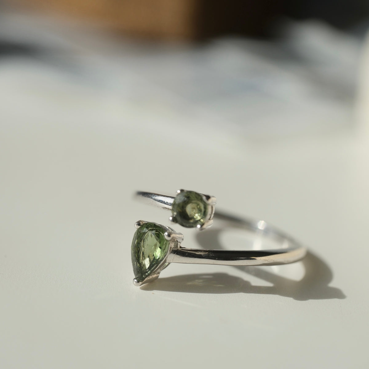 Double Moldavite ring angled view