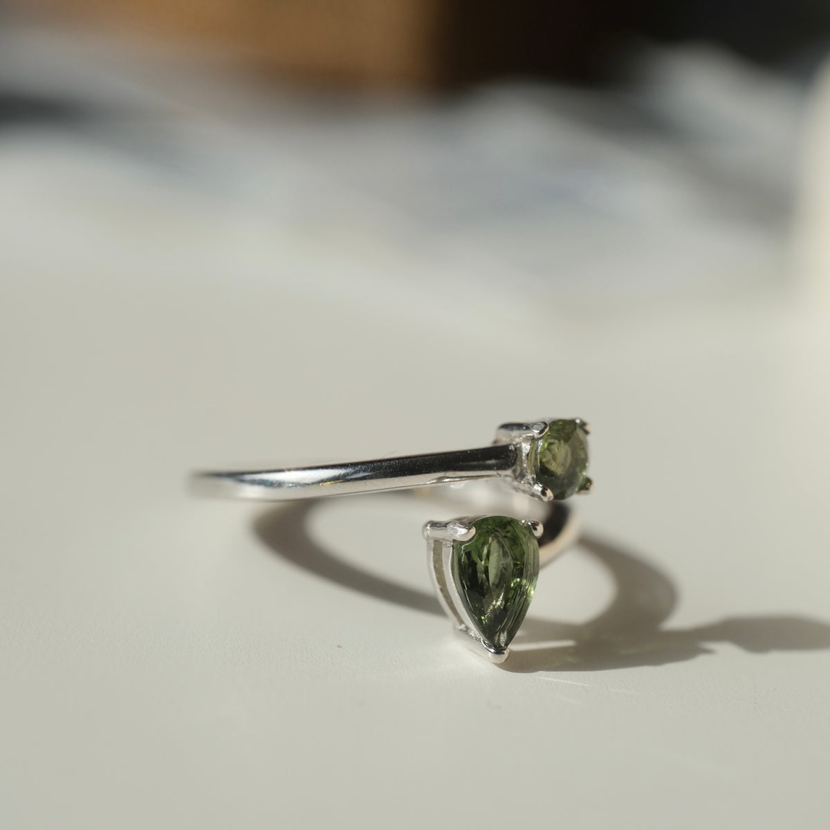 Double Moldavite ring side view