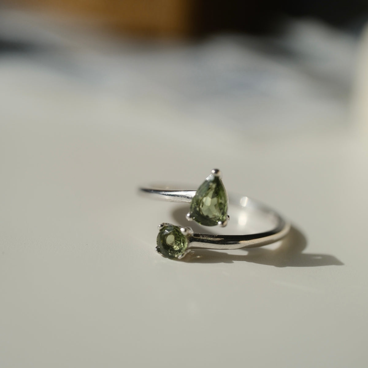 Double Moldavite ring pear-shaped stone view