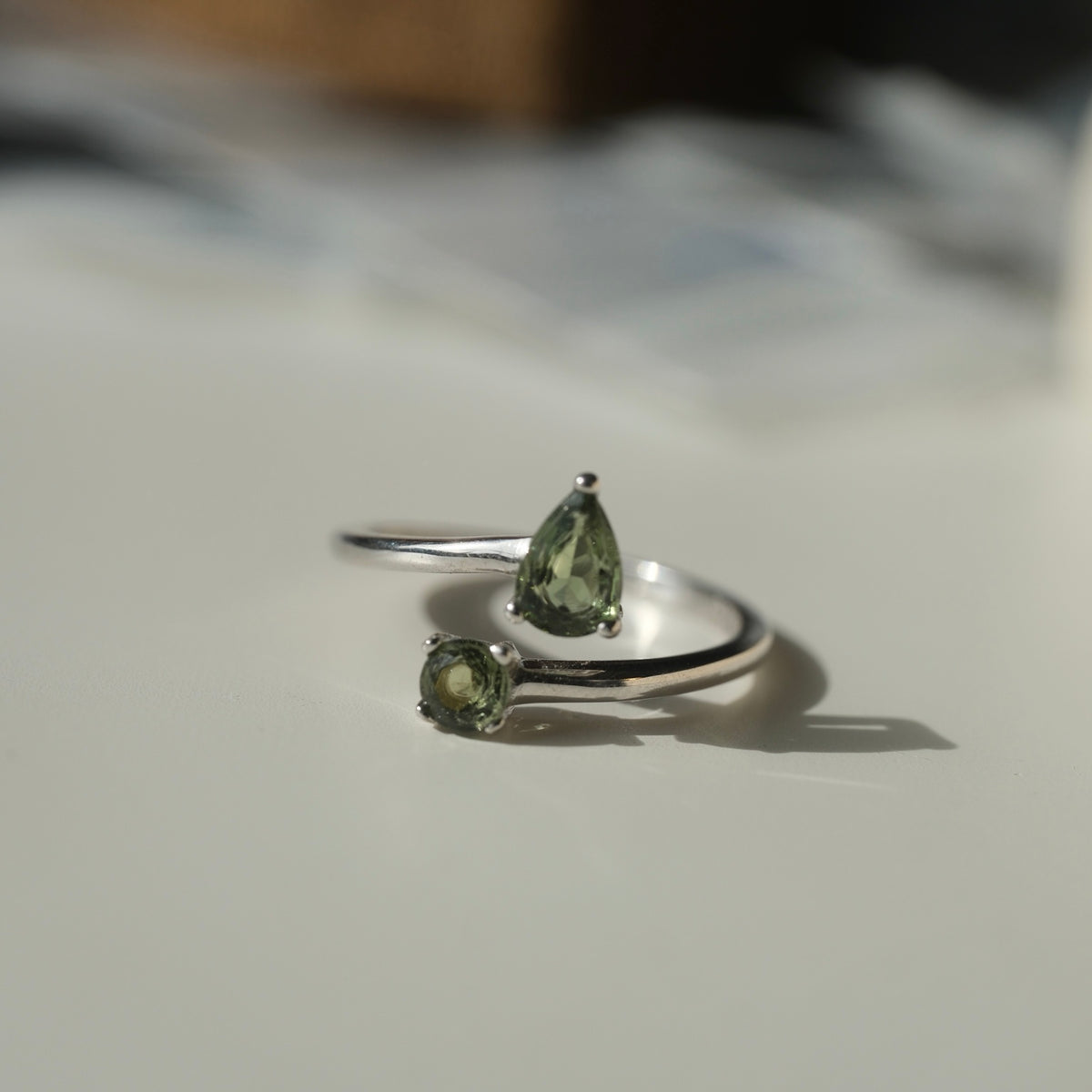 Double Moldavite ring front view
