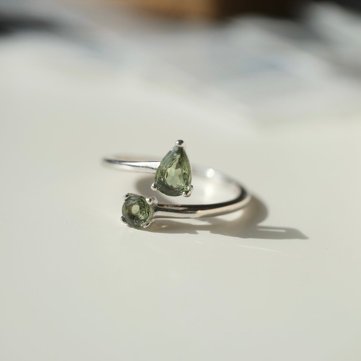 Double Moldavite ring close-up