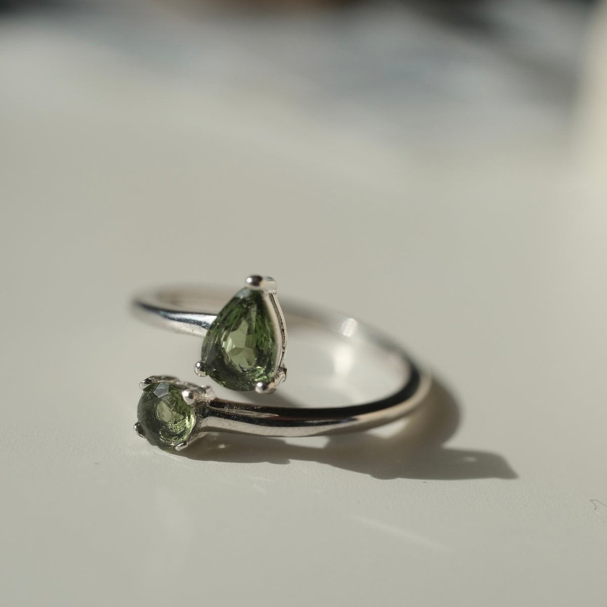 Double Moldavite ring detailed stone view