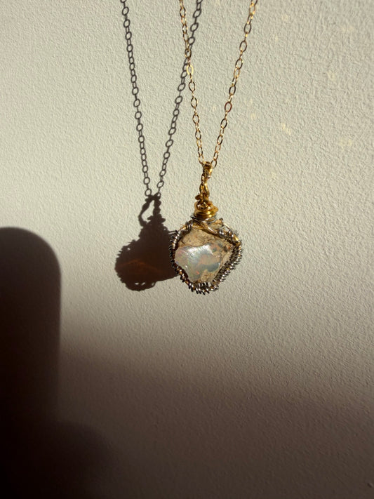 Handmade Ethiopian Opal Wire Wrapped Necklace – Gold Tone view 1