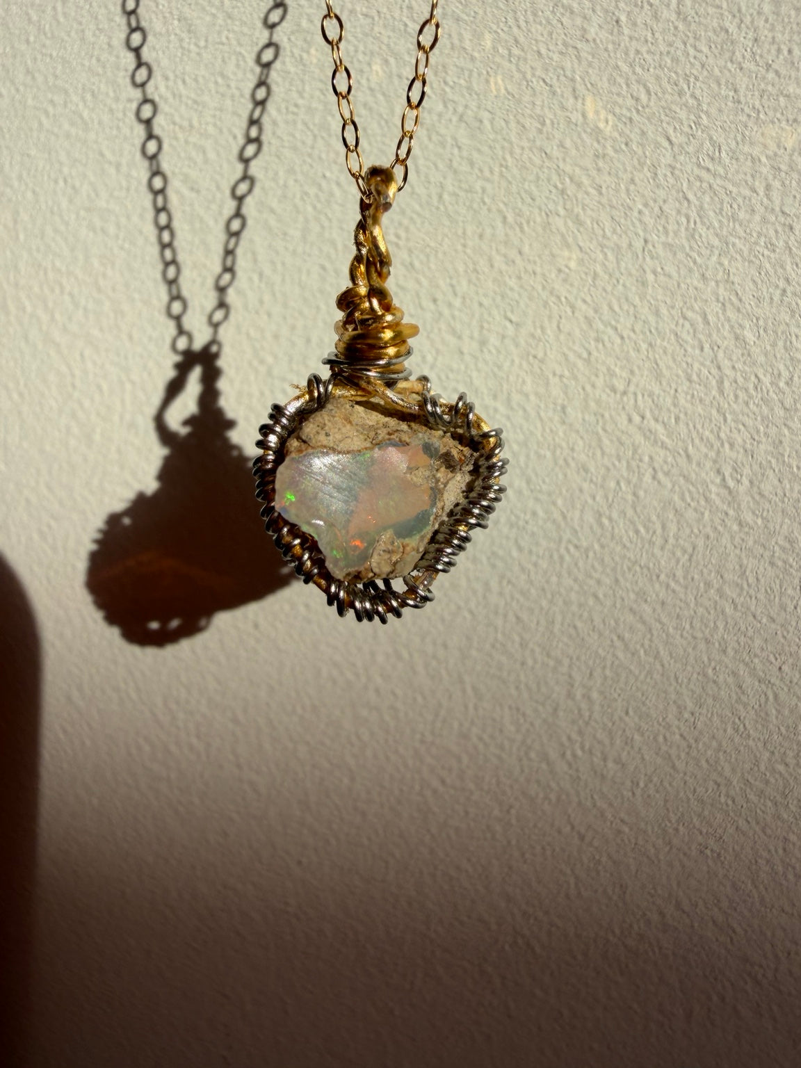 Handmade Ethiopian Opal Wire Wrapped Necklace – Gold Tone view 2