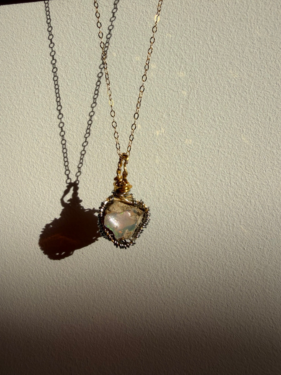 Handmade Ethiopian Opal Wire Wrapped Necklace – Gold Tone view 3