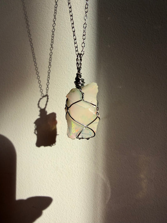 Handmade Ethiopian Opal Wire Wrapped Necklace – Silver Tone view 1