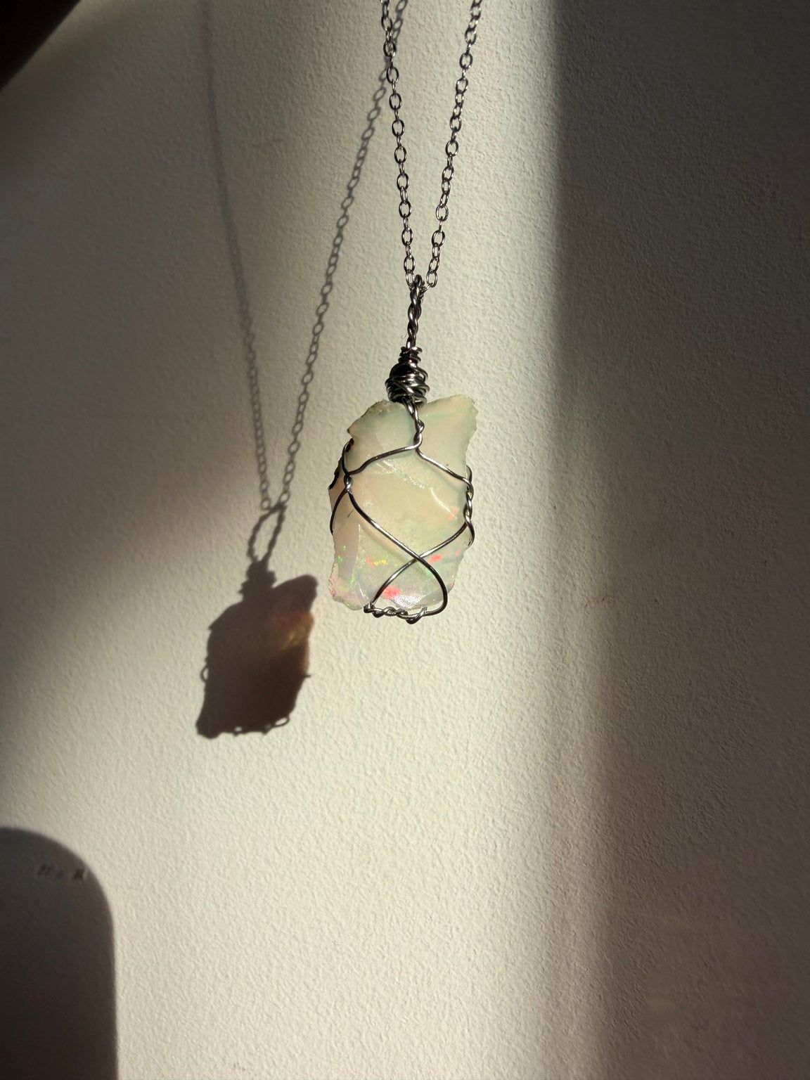 Handmade Ethiopian Opal Wire Wrapped Necklace – Silver Tone view 3