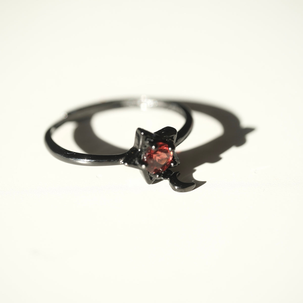Red Garnet Halloween adjustable ring with star setting and dangling crescent moon