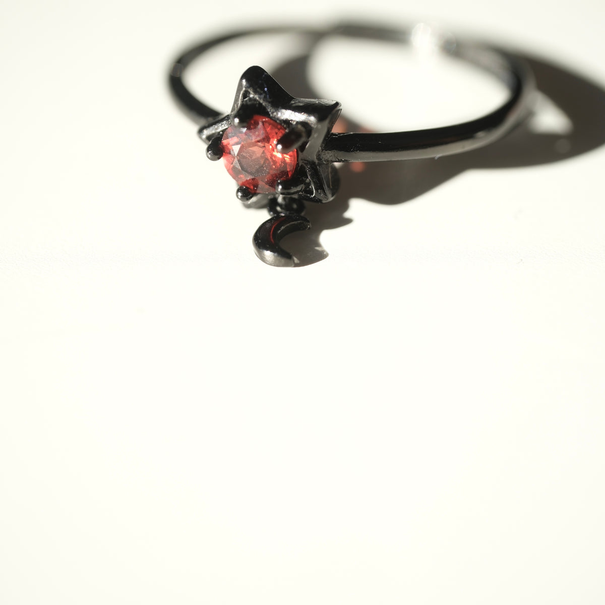 Red Garnet Halloween adjustable ring with star setting and dangling crescent moon
