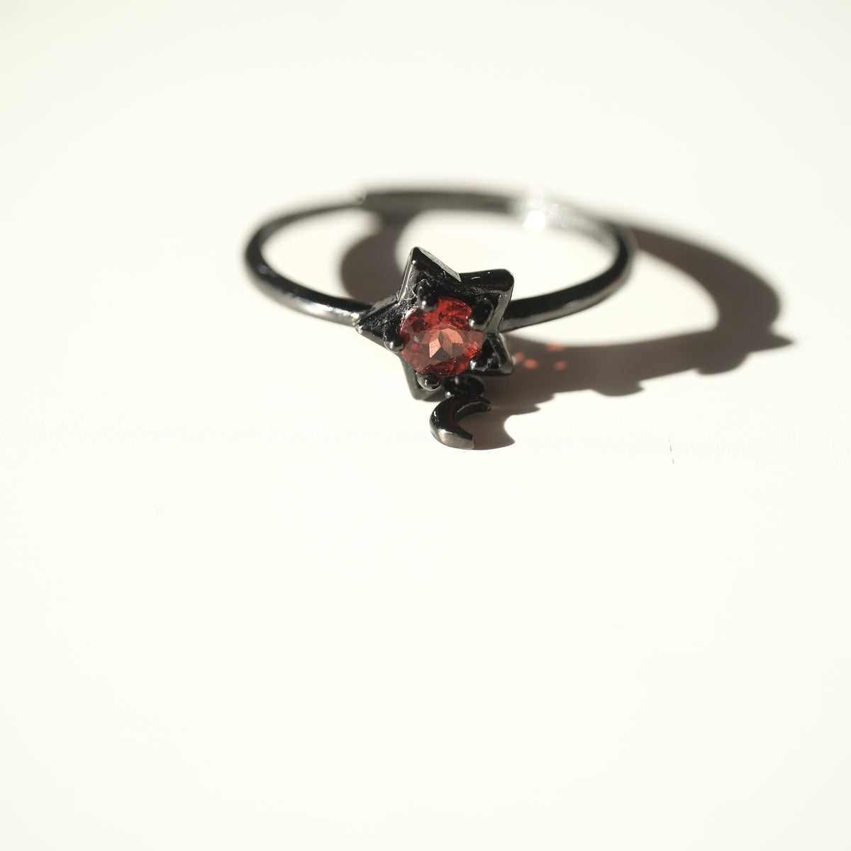 Red Garnet Halloween adjustable ring with star setting and dangling crescent moon