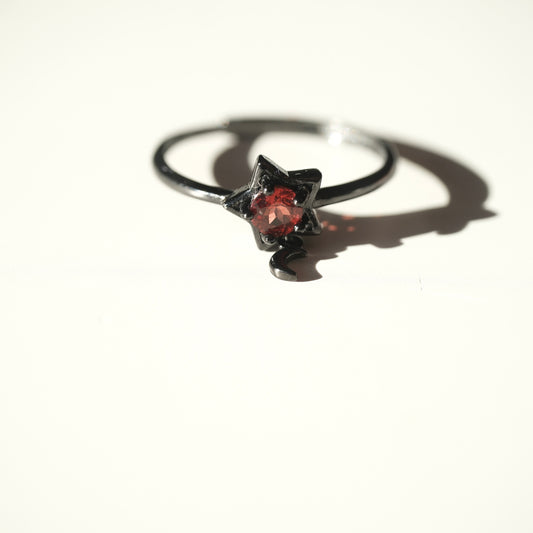 Red Garnet Halloween adjustable ring with star setting and dangling crescent moon