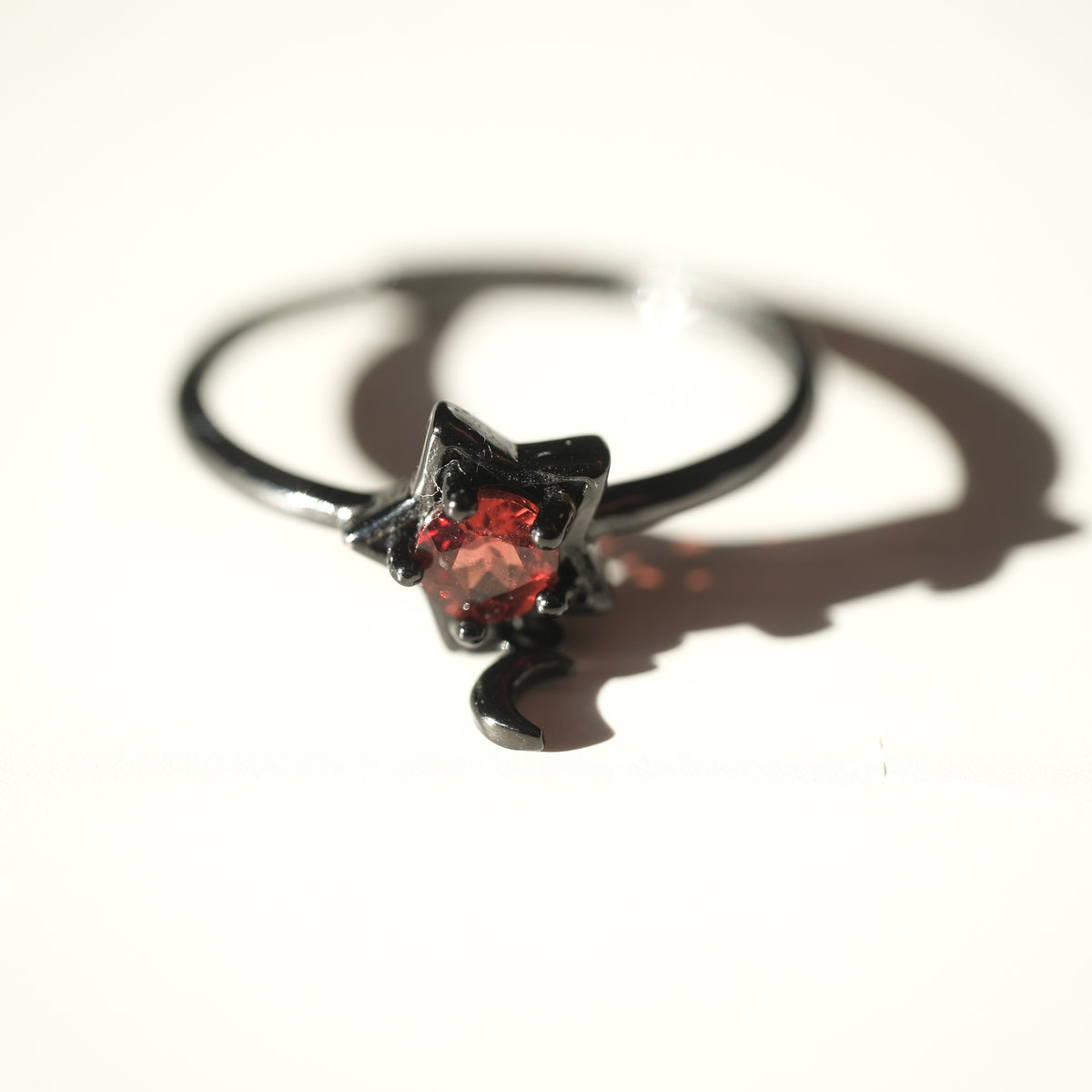 Red Garnet Halloween adjustable ring with star setting and dangling crescent moon