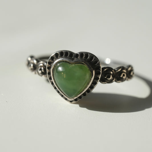 Green Aventurine heart S925 adjustable ring with rose details, view 1