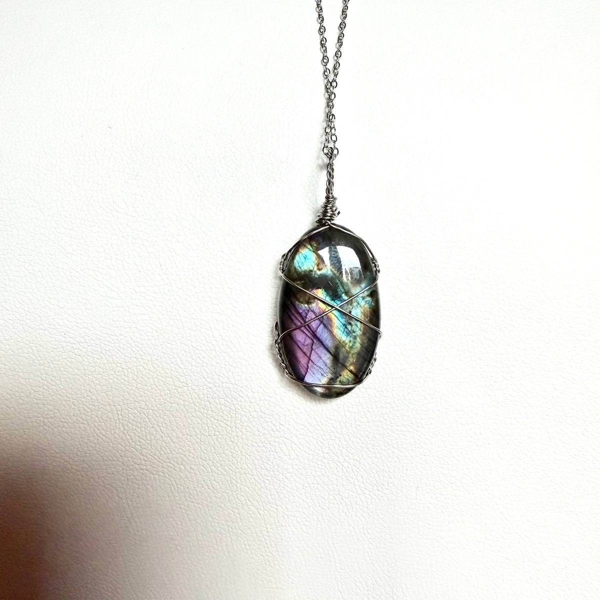 Handmade Labradorite necklace with purple blue and green flash, photograph 1