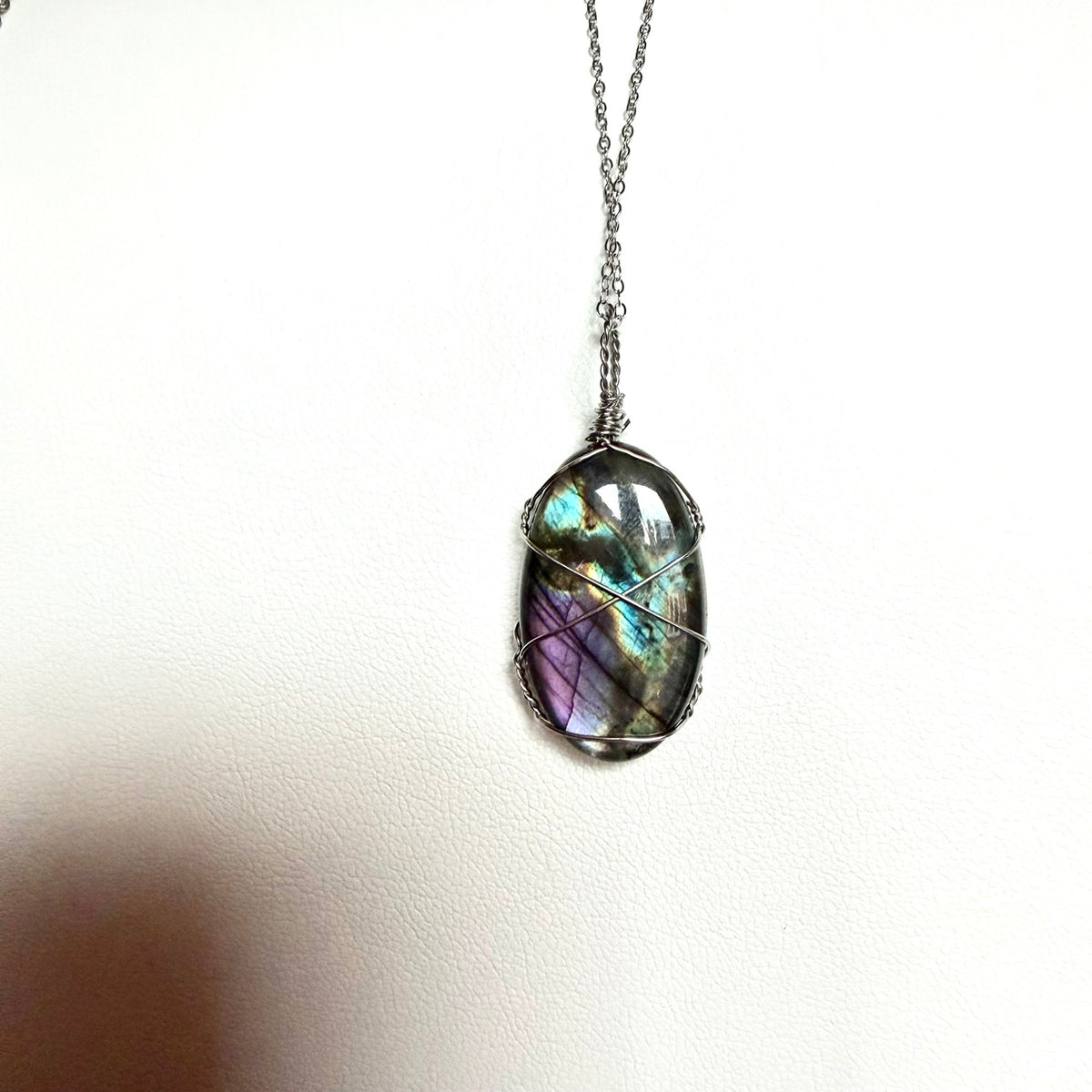 Handmade Labradorite necklace with purple blue and green flash, photograph 2