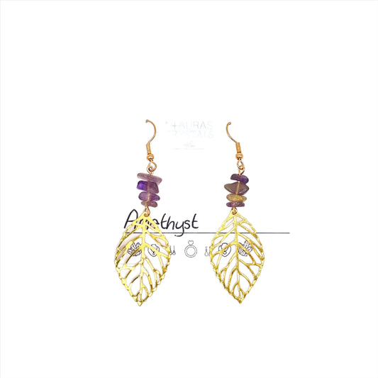 Amethyst Chip Gold Leaf Drop Earrings