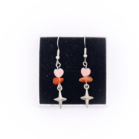 Kunzite Heart and Carnelian Star Drop Earrings