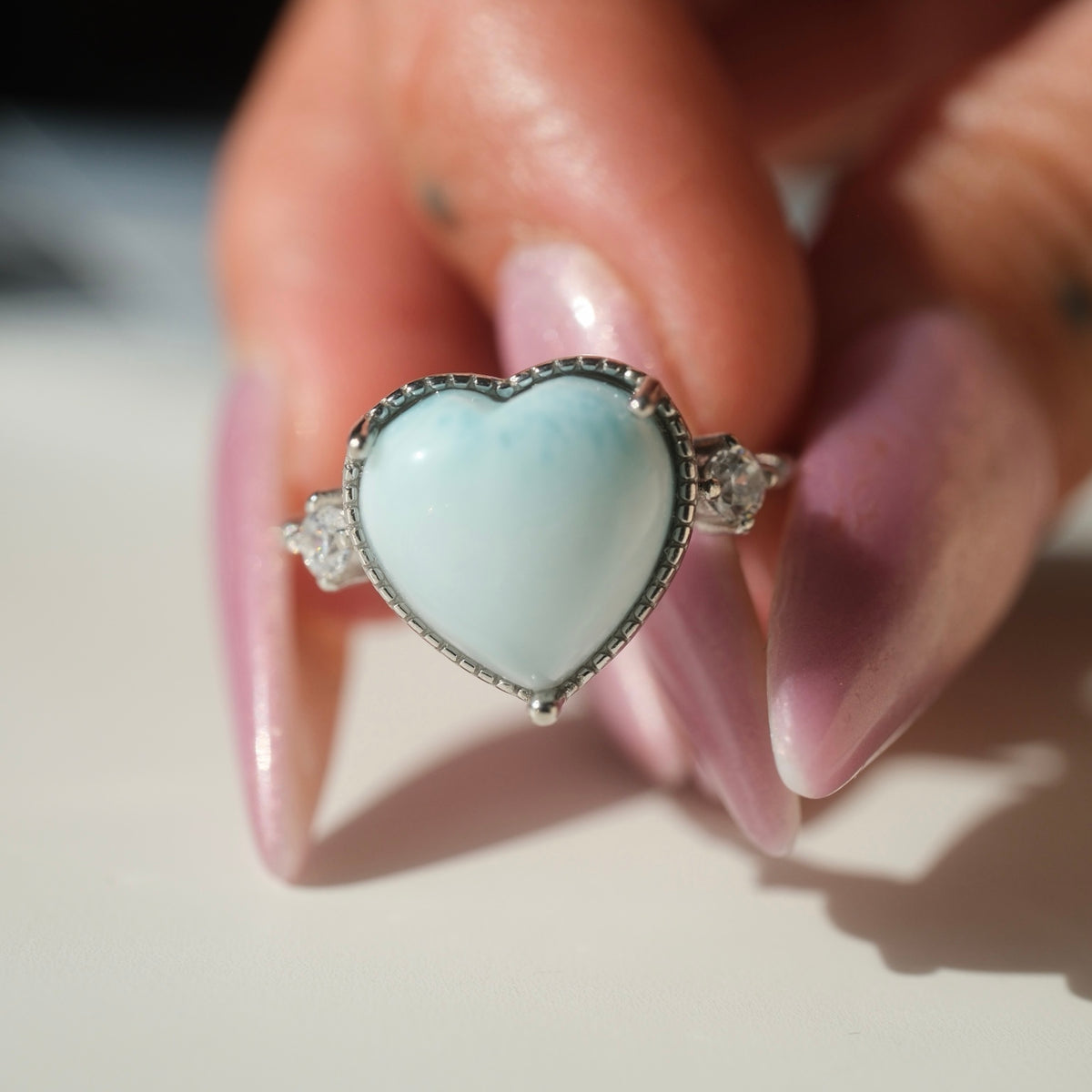 Pale blue Larimar heart S925 adjustable ring with clear side accents, view 2