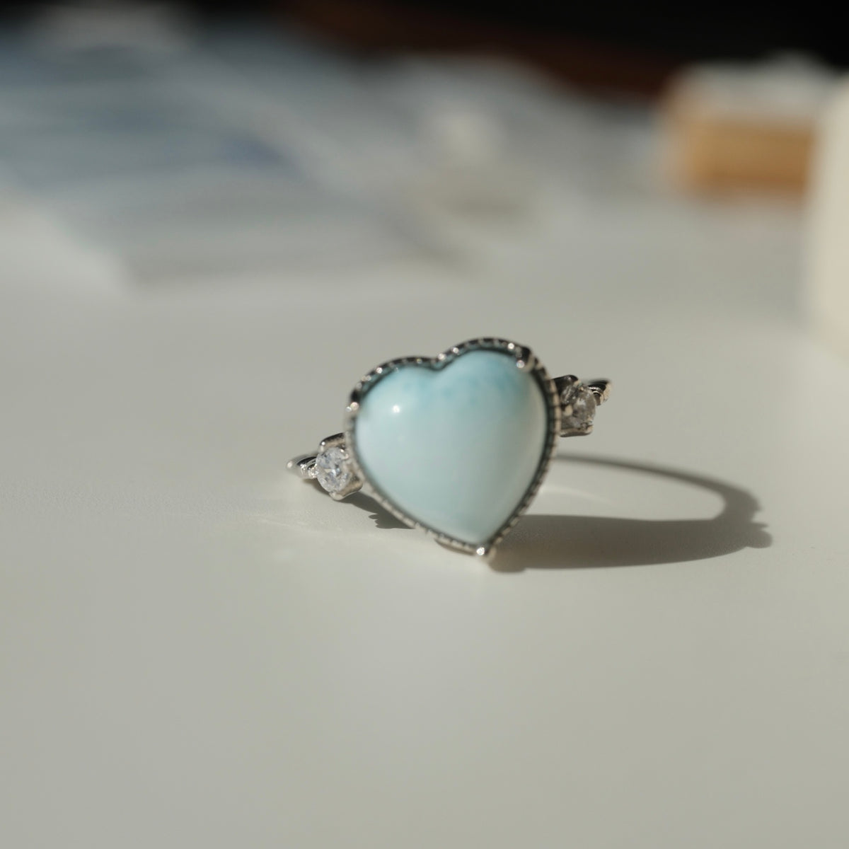 Pale blue Larimar heart S925 adjustable ring with clear side accents, view 3