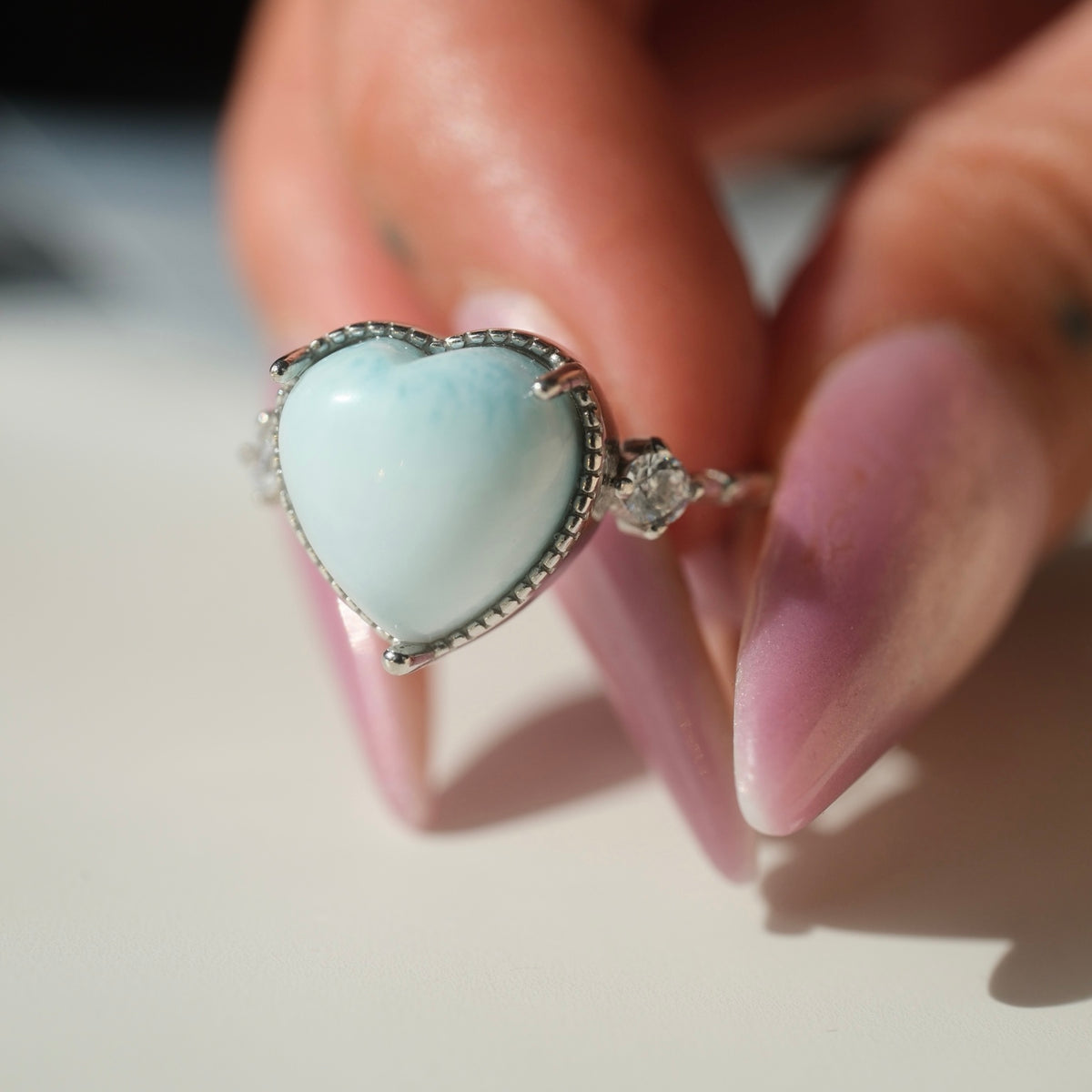 Pale blue Larimar heart S925 adjustable ring with clear side accents, view 4