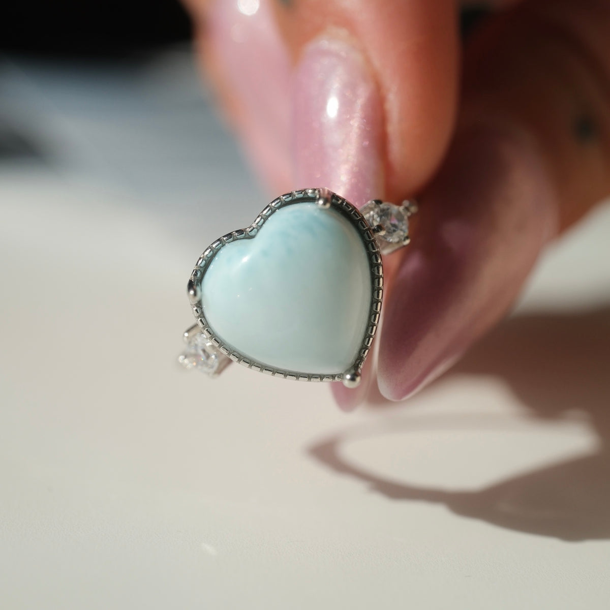 Pale blue Larimar heart S925 adjustable ring with clear side accents, view 5