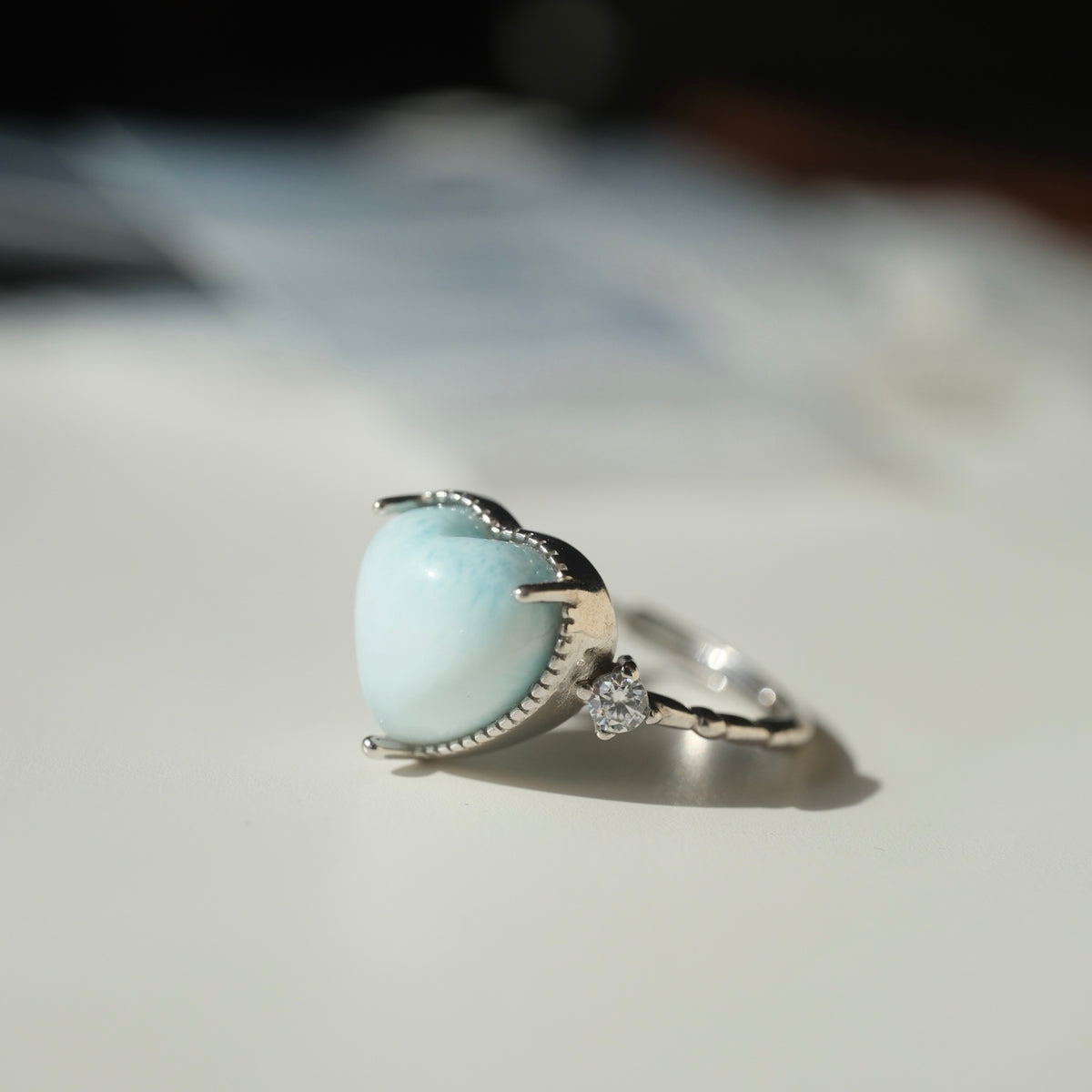 Pale blue Larimar heart S925 adjustable ring with clear side accents, view 6