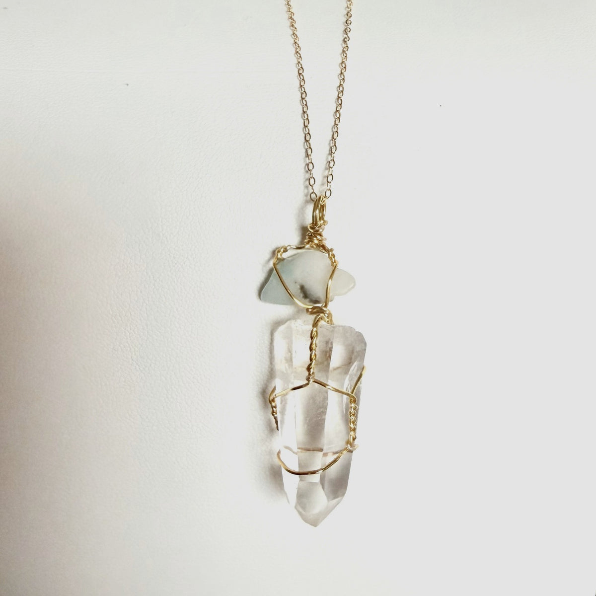 Handmade Lemurian Quartz and Larimar gold wire wrapped necklace view 1