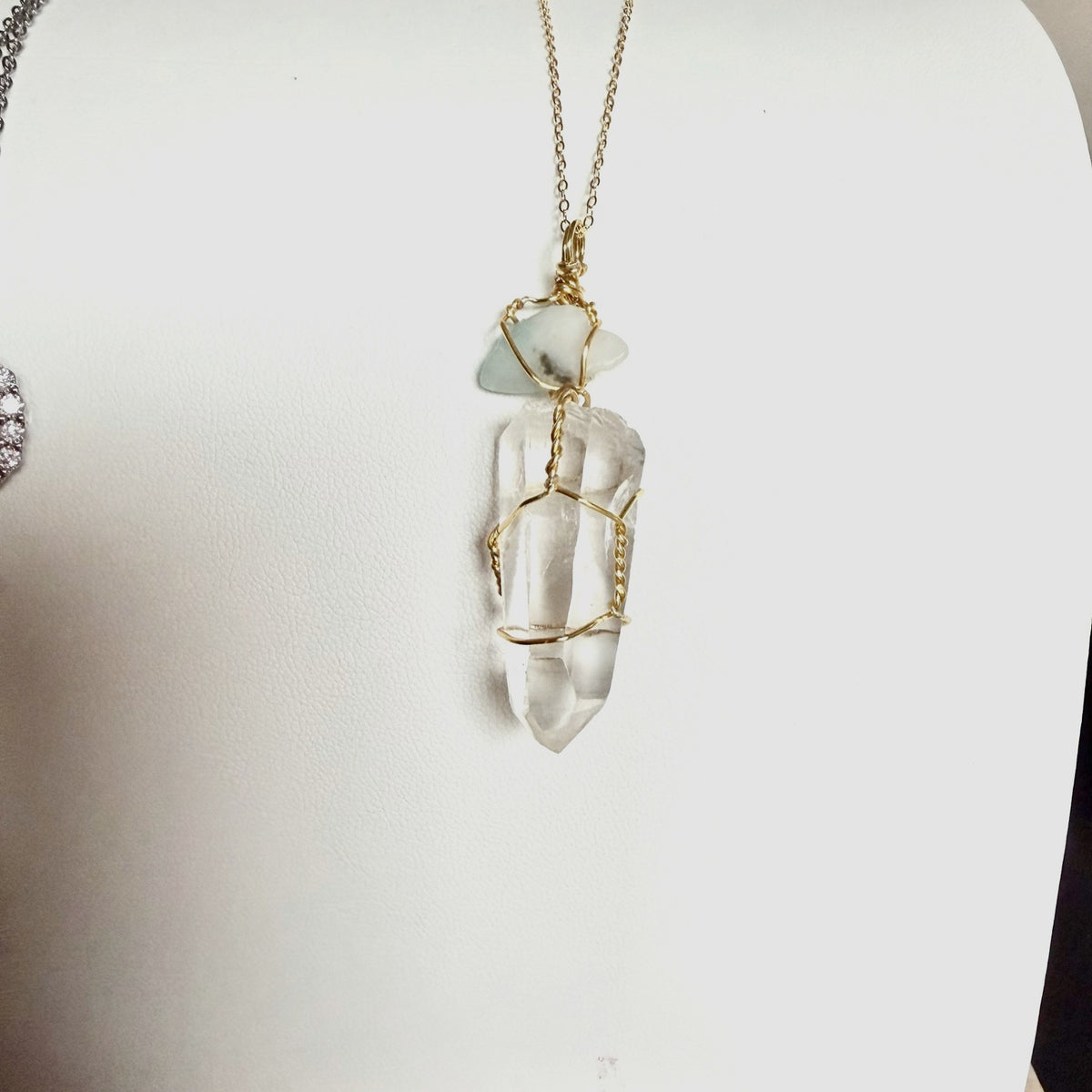 Handmade Lemurian Quartz and Larimar gold wire wrapped necklace view 2