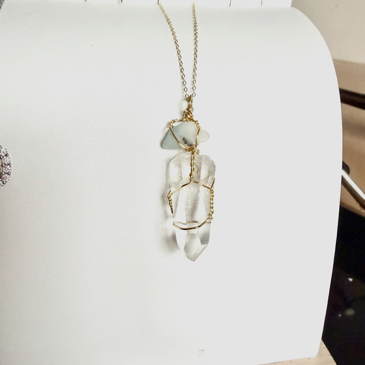 Handmade Lemurian Quartz and Larimar gold wire wrapped necklace view 3