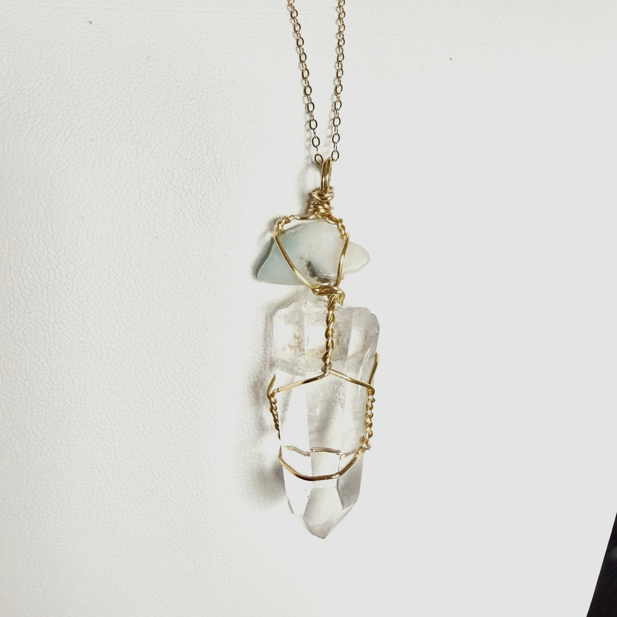 Handmade Lemurian Quartz and Larimar gold wire wrapped necklace view 4