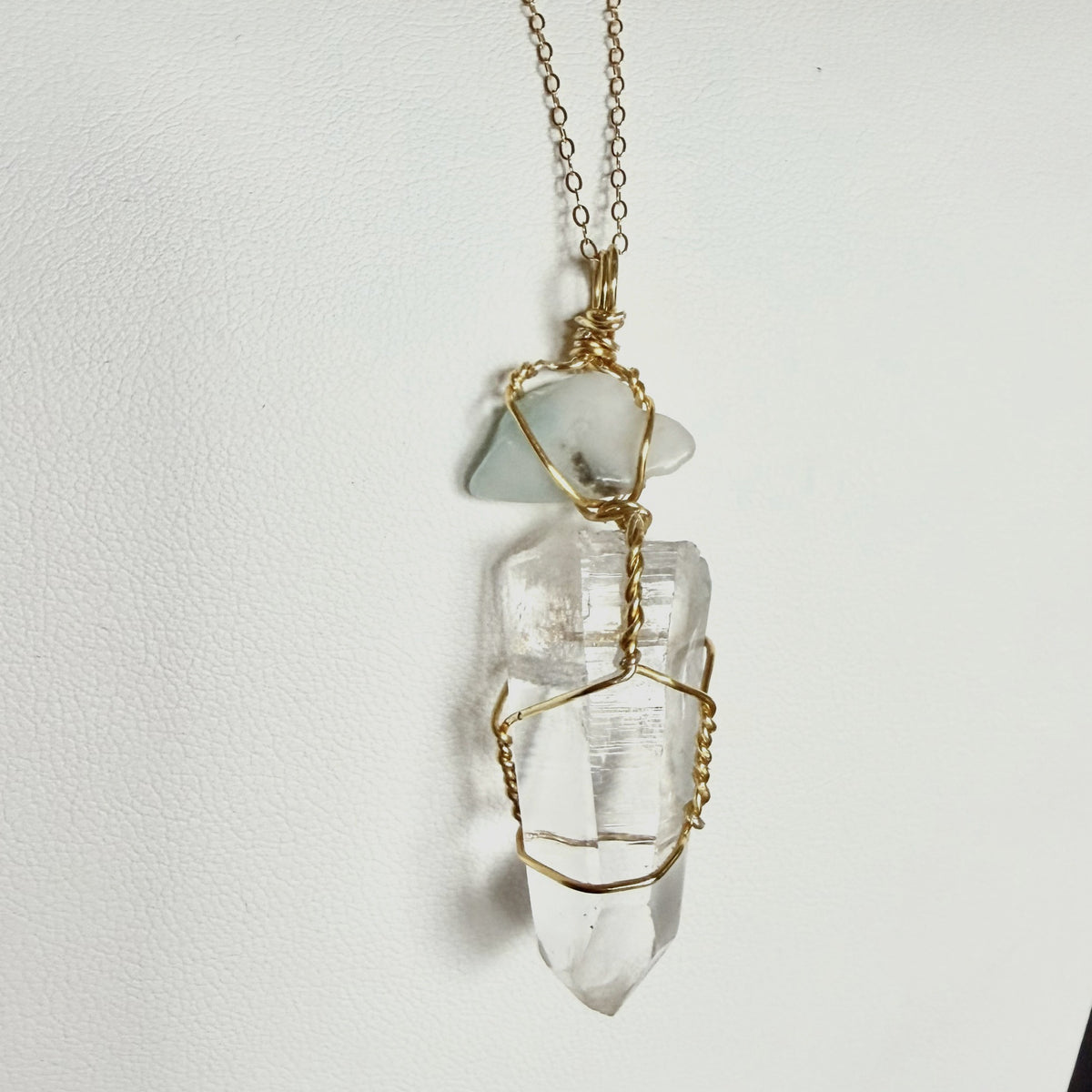 Handmade Lemurian Quartz and Larimar gold wire wrapped necklace view 5